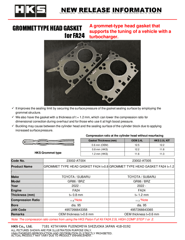 HKS Subaru FA24 0.8mm Thickness 11.8 CR Grommet Type Head Gasket