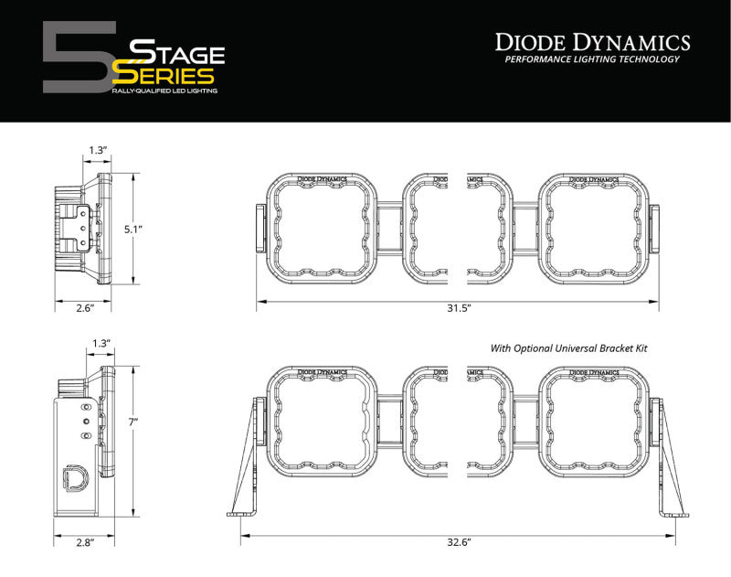 Diode Dynamics SS5 Pro Universal CrossLink 5-Pod Lightbar - Yellow Driving