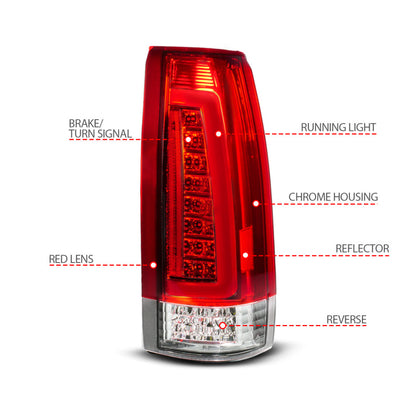 ANZO 88-99 Chevy C/K1500/2500/3500 Full LED Light Tube Taillights Chrome Housing Red/Clear Lens