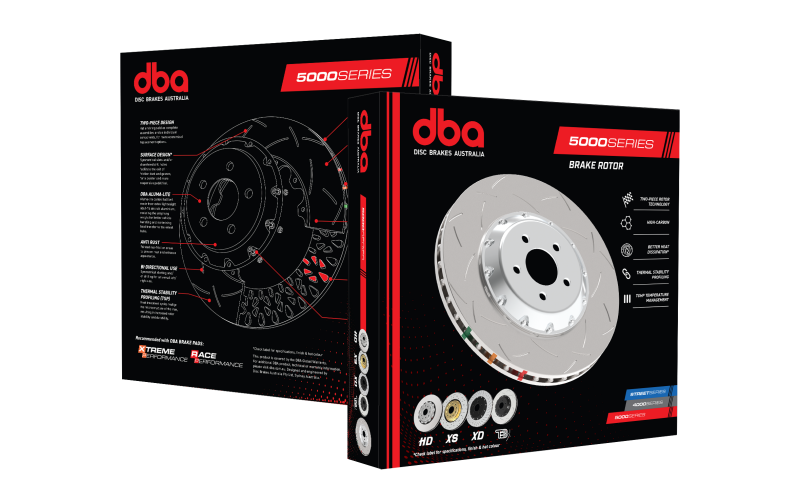 DBA 94-04 Ford Mustang Cobra Premium Front Drilled & Slotted 5000 Series Rotor w/ Black Hat