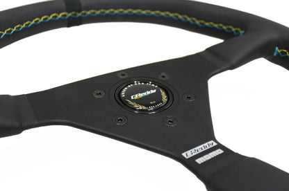 GReddy MOMO Montecarlo Steering Wheel (350mm) - Black Leather w/ Black Alcantara Centering Stripe