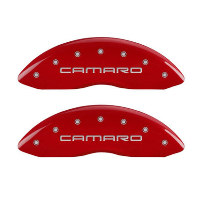 MGP 4 Caliper Covers Engraved Front Gen 4/Camaro Engraved Rear Gen 4/SS Red finish silver ch