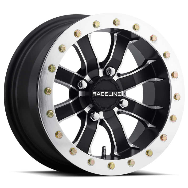 Raceline A71 Mamba 12x7in/4x110 BP/10mm Offset/83.8mm Bore - Black & Machined Ring Beadlock Wheel