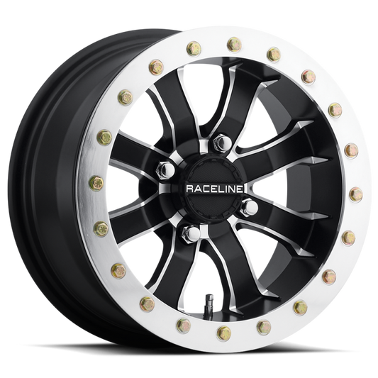 Raceline A71 Mamba 14x7in/4x156 BP/5mm Offset/132.5mm Bore - Black & Machined Ring Beadlock Wheel