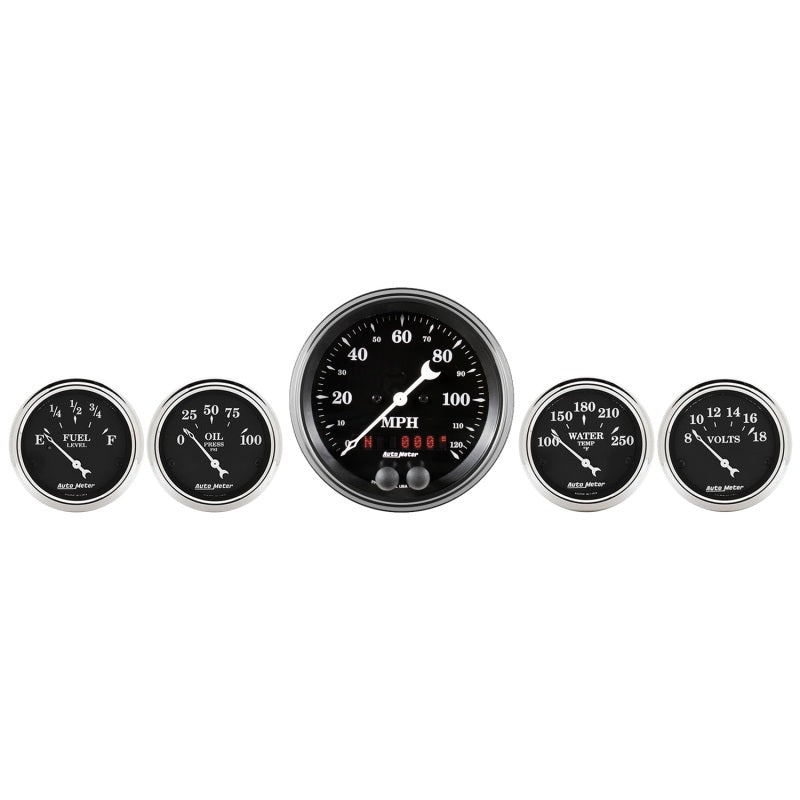 Auto Meter Gauge Kit 5 pc. 3 3/8in & 2 1/16in GPS Speedometer Old Tyme Black