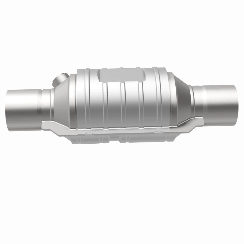 MagnaFlow Univ Conv 2in In/Out Ctr/Ctr Round 9in Body L x 5.125in W x 13in Overall L Single O2 Port