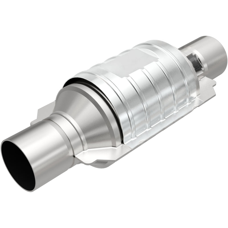 MagnaFlow Univ Conv 2in In/Out Ctr/Ctr Round 9in Body L x 5.125in W x 13in Overall L Single O2 Port