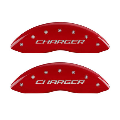 MGP 4 Caliper Covers Engraved Front & Rear Block/Charger Red finish silver ch
