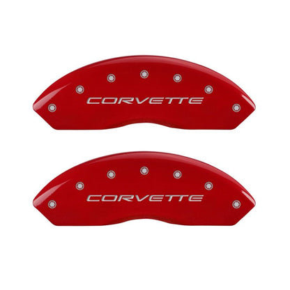 MGP 4 Caliper Covers Engraved Front C5/Corvette Engraved Rear C5/Z06 Red finish silver ch