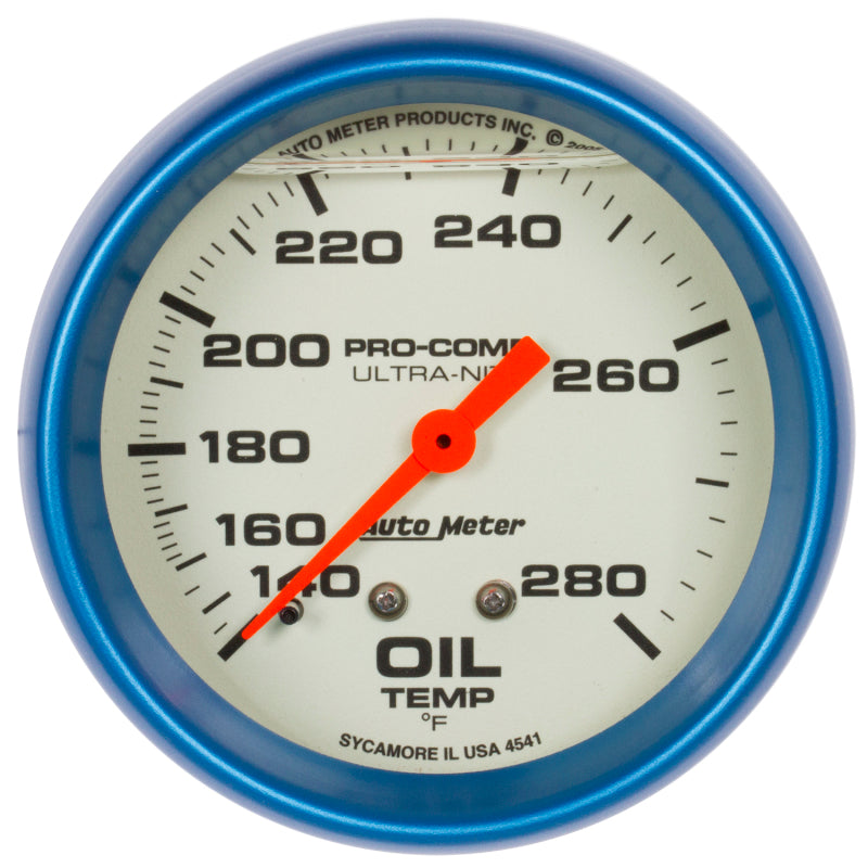 AutoMeter Gauge Oil Temp 2-5/8in. 140-280 Deg. F Liquid Filled Mech Glow In Dark Ultra-Nite