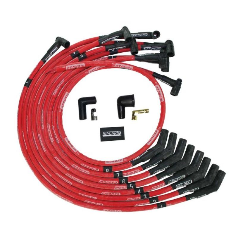 Moroso BBC Over Valve Cover 135 Deg Plug Boot HEI Sleeved Ultra Spark Plug Wire Set - Red