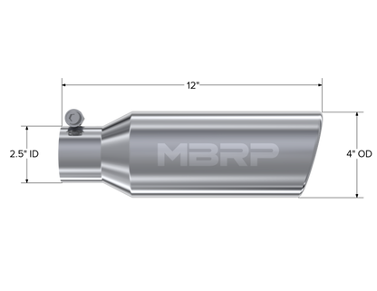 MBRP Universal Tip 4in OD 2.5in Inlet 12in Length Angled Cut Rolled End Clampless No-Weld T304