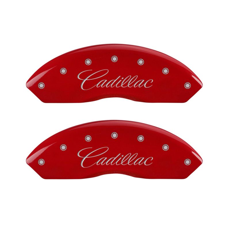 MGP 4 Caliper Covers Engraved Front Cursive/Cadillac Engraved Rear CTS4 Red finish silver ch