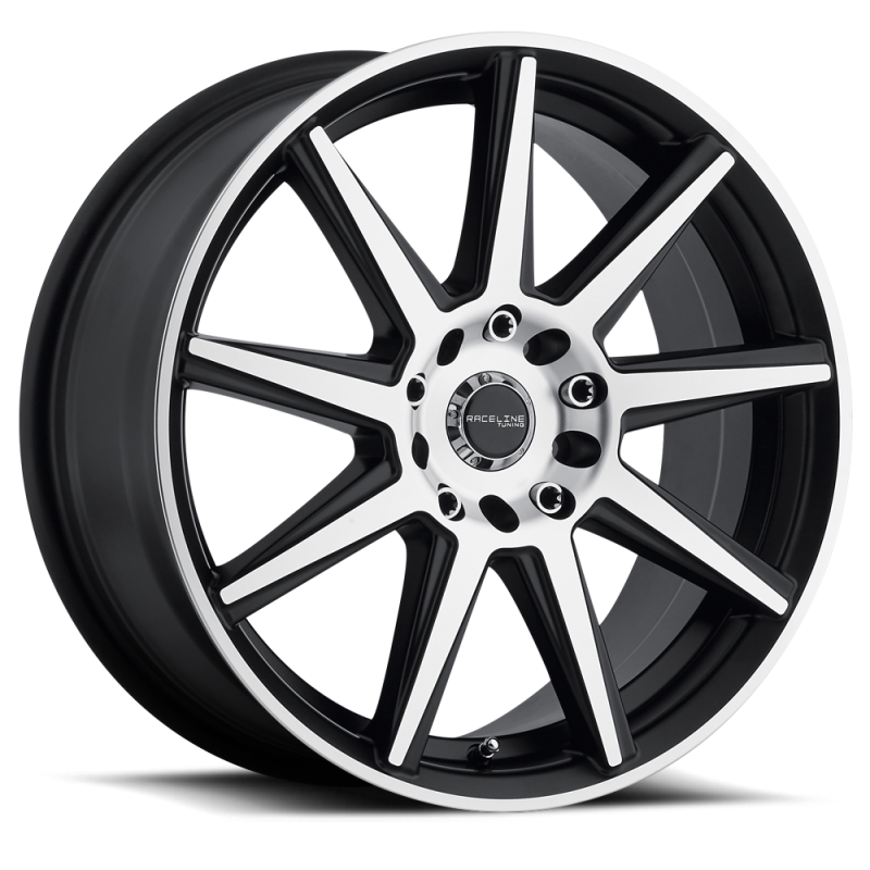 Raceline 144M Storm 16x7in / 4x100/4x108 BP / 40mm Offset / 72.62mm Bore - Black & Machined Wheel