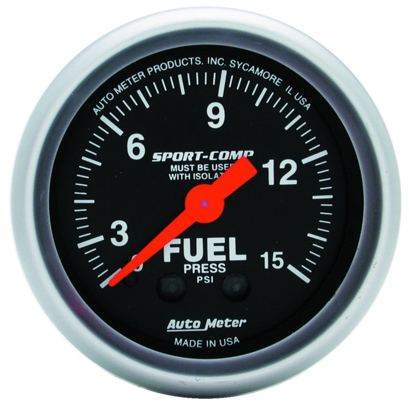 AutoMeter Gauge Fuel Pressure 2-1/16in. 15PSI Mechanical W/Isolator Sport-Comp