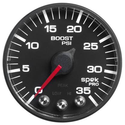 Autometer Spek-Pro Gauge Boost 2 1/16in 35psi Stepper Motor W/Peak & Warn Black/Black