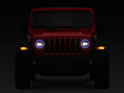 Raxiom 18-22 Jeep Wrangler JL/JT Axial 9-Inch LED Headlights w/RGB Halo- Black Housing (Clear Lens)