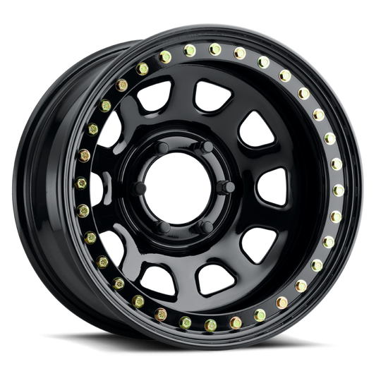 Raceline RT51 Daytona Rock 15x10in/5x114.3 BP/-44mm Offset/83.82mm Bore - Gloss Black Beadlock Wheel