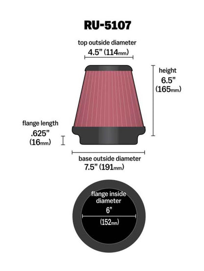 K&N Universal Air Filter 6in Flange / 7-1/2in Base / 4-1/2in Top / 6-1/2in Height