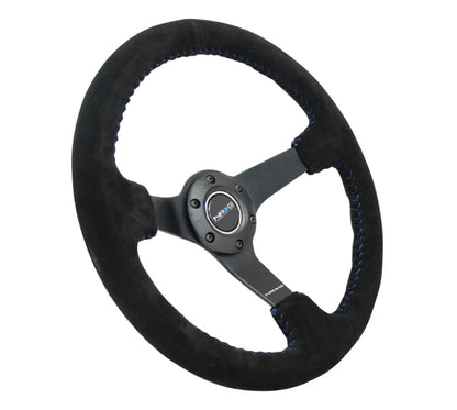 NRG Reinforced Steering Wheel (350mm / 3in. Deep) Blk Suede/Blue BBall Stitch w/5mm Matte Blk Spokes