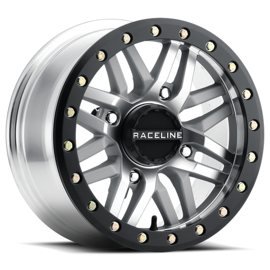 Raceline A91MA Ryno 14x7in/4x137 BP/10mm Offset/110.18mm Bore - Machined & Black Ring Beadlock Wheel