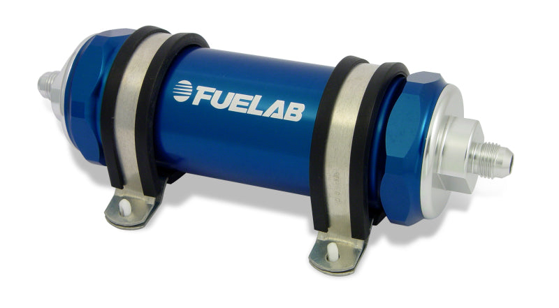 Fuelab 828 In-Line Fuel Filter Long -6AN In/Out 10 Micron Fabric - Blue