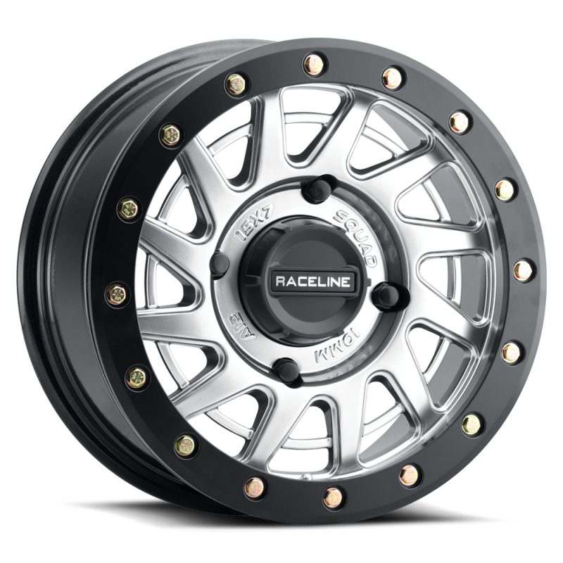 Raceline A12SB Squad 15x7in/4x156 BP/38mm Offset/132.5mm Bore - Silver & Black Ring Beadlock Wheel