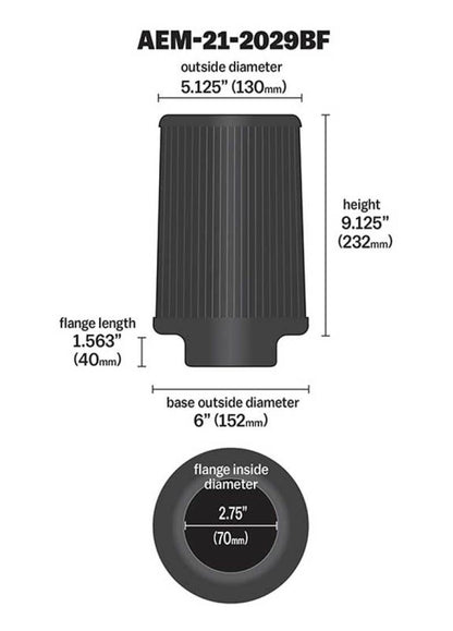 AEM Dryflow Conical Air Filter 2.75in Flange ID / 6in Base OD / 5.125in Top OD / 9.125in Height