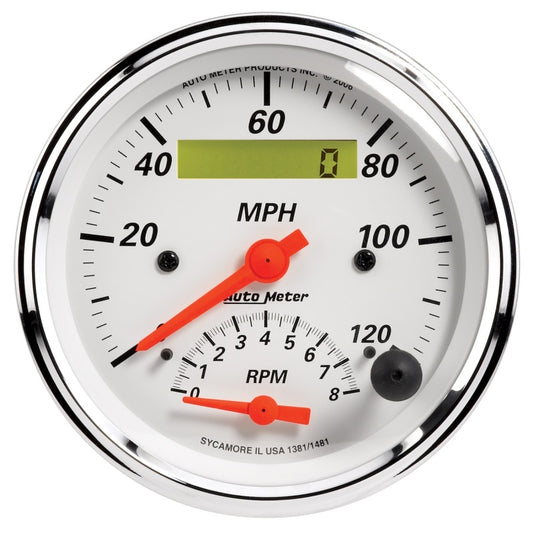 AutoMeter Gauge Tach/Speedo 3-3/8in. 120MPH & 8K RPM Elec. Program. Arctic White