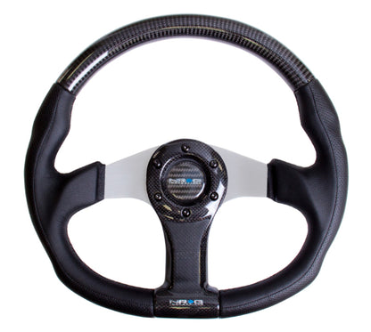 NRG Carbon Fiber Steering Wheel (350mm) Silver Oval Shape w/Leather Trim