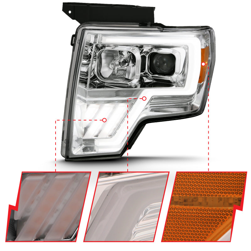 ANZO 2009-2013 Ford F-150 Projector Light Bar G4 Switchback Headlights Chrome Amber