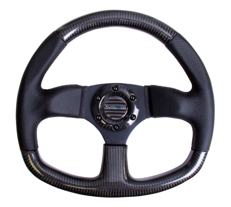 NRG Carbon Fiber Steering Wheel (320mm) Flat Bottom & Leather Trim w/Black Stitching