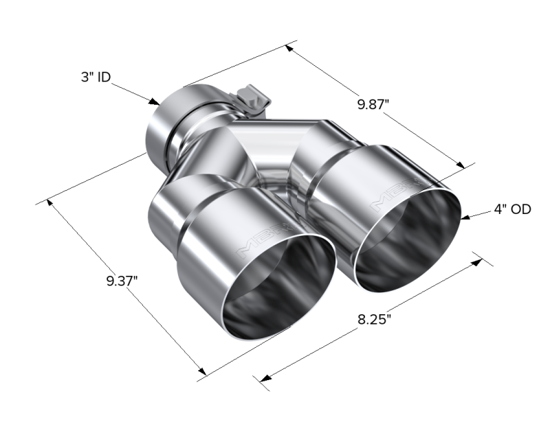 MBRP 3in ID / Dual 4in OD Out Staggered L 9.37in / R 9.87in Single Wall T304 SS Univ Exhaust Tip