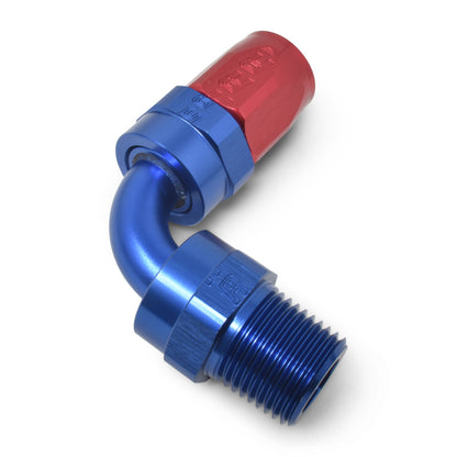 Russell Performance -10 AN Red/Blue 90 Deg Full Flow Swivel Pipe Thread Hose End (With 1/2in NPT)