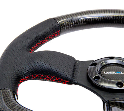 NRG Carbon Fiber Steering Wheel (320mm) Flat Bottom & Leather Trim w/Red Stitching