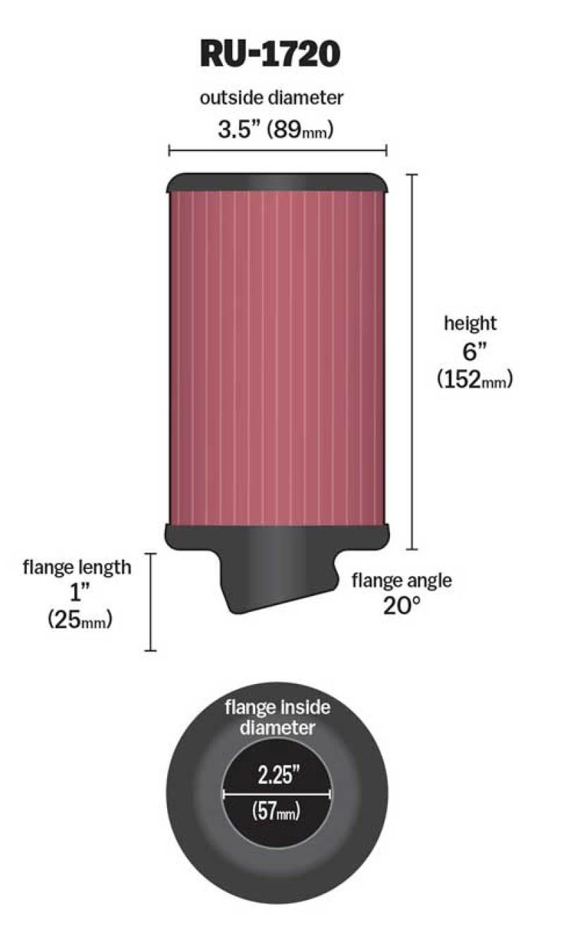 K&N Filter Universal Rubber Round Air Filter 20 Deg Flange Angle 2.25in Flange ID x 3.5in OD x 6in H