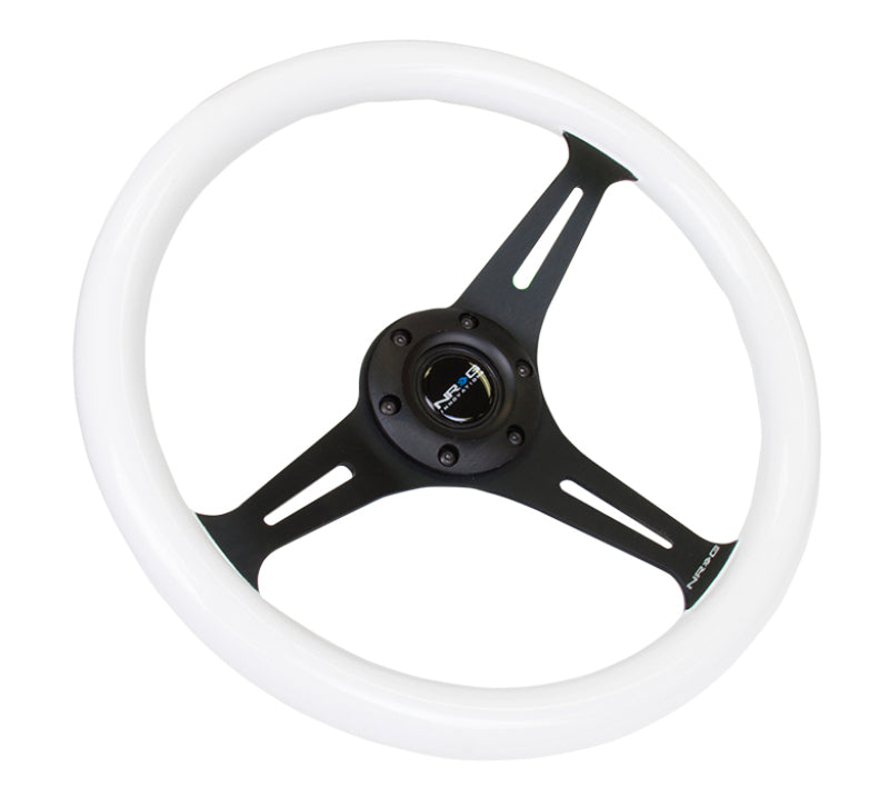 NRG Classic Wood Grain Steering Wheel (350mm) Glow-In-The-Dark Blue Grip w/Black 3-Spoke Center