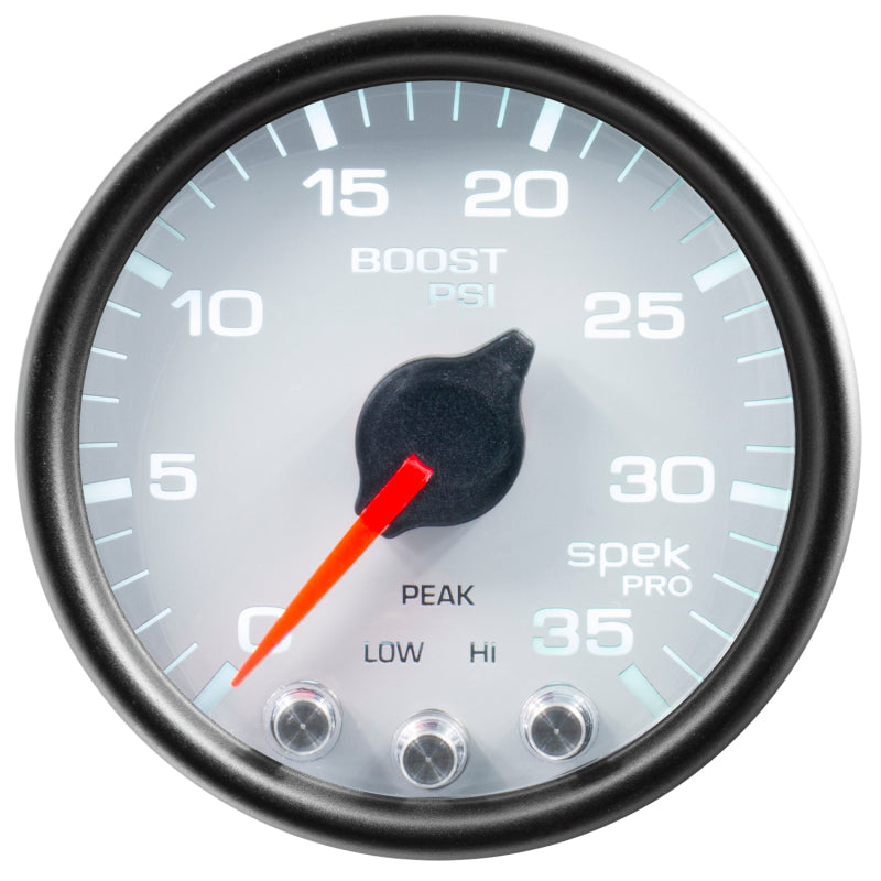 Autometer Spek-Pro Gauge Boost 2 1/16in 35psi Stepper Motor W/Peak & Warn White/Black