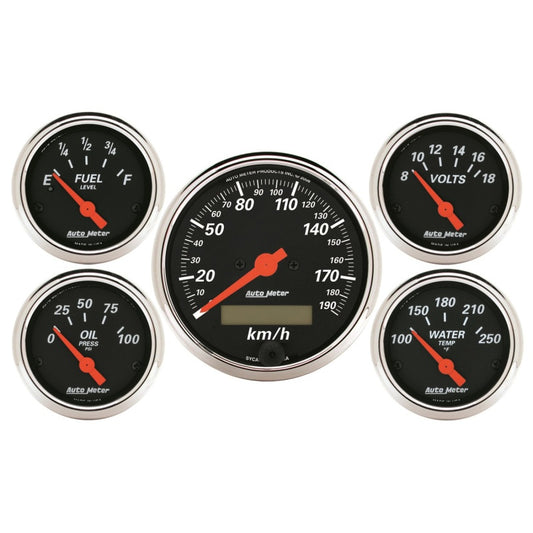 Autometer Designer Black 5 Pc Kit w/ Elec KMH Speedo, Oil Press, Water Temp, Volt, Fuel Level