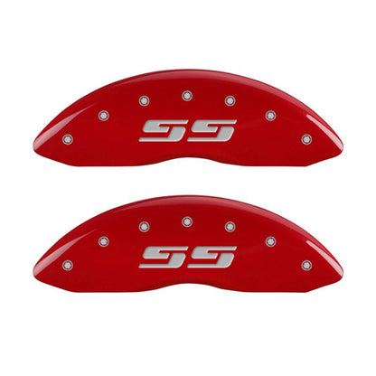 MGP 4 Caliper Covers Engraved Front & Rear Silverado style/SS Red finish silver ch