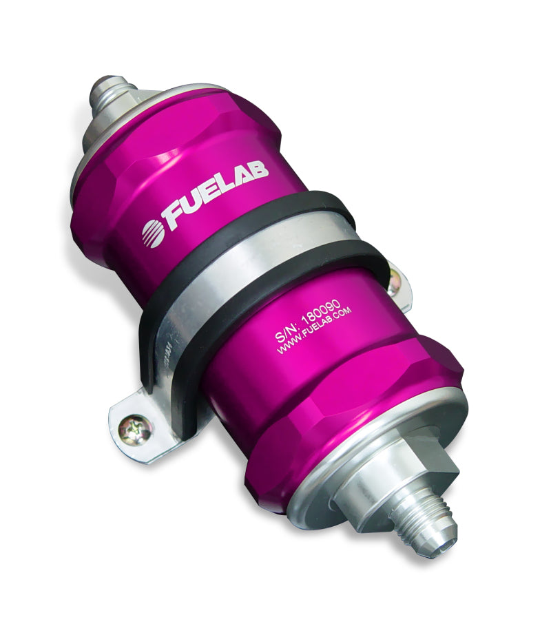 Fuelab 848 In-Line Fuel Filter Standard -8AN In/Out 6 Micron Fiberglass w/Check Valve - Purple