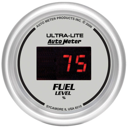 Autometer Ultra-Lite Digital 2-1/16in 0-280 OHM Silver Dial w/ Red LED Programmable Fuel Level Gage