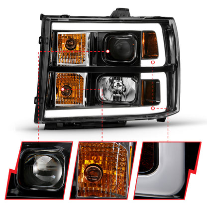 ANZO 2007-2013 GMC Sierra 1500 Projector Headlight Plank Style Black w/ Clear Lens Amber
