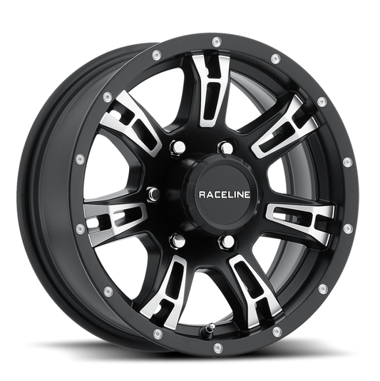 Raceline 840 Arsenal 15x5in / 5x114.3 BP / 0mm Offset / 3.19mm Bore - Black & Machined Wheel