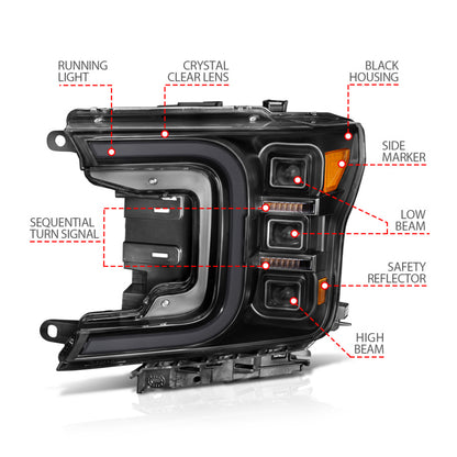ANZO 18-20 Ford F-150 Full Led Projector Smoke Bar Style Headlights Black Amber