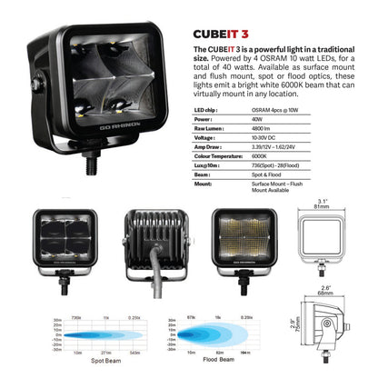 Go Rhino Xplor Blackout Series Cube LED Flood Light Kit (Surface/Threaded Stud Mnt) 3x3 - Blk (Pair)