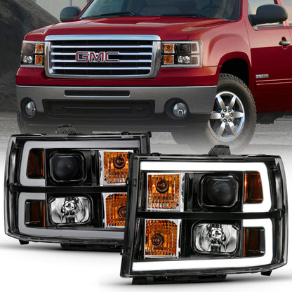 ANZO 2007-2013 GMC Sierra 1500 Projector Headlight Plank Style Black w/ Clear Lens Amber