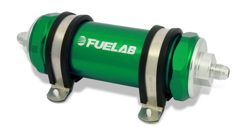 Fuelab 858 In-Line Fuel Filter Long -8AN In/Out 40 Micron Stainless w/Check Valve - Green