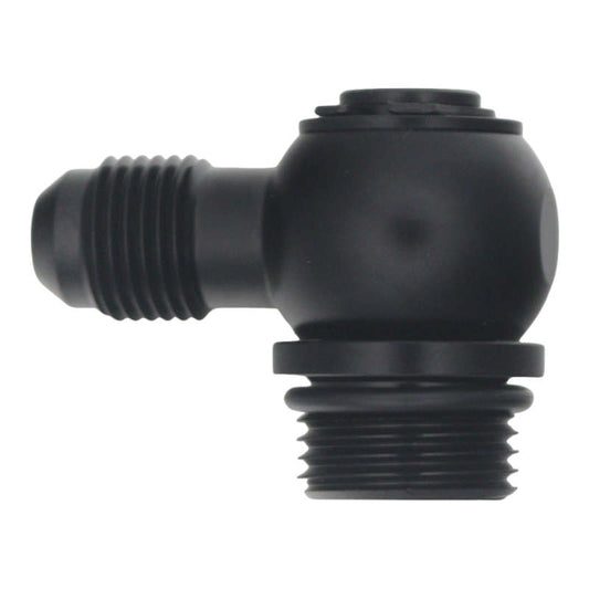 DeatschWerks 8AN ORB Male to 6AN Male Flare Low Profile 90-Degree Swivel - Anodized Matte Black