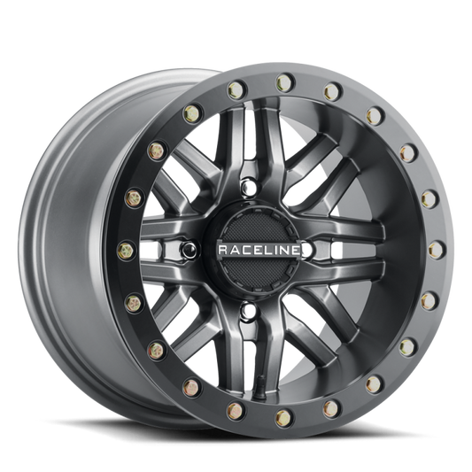 Raceline A91G Ryno 14x7in/4x137 BP/10mm Offset/110.18mm Bore - Gunmetal & Black Ring Beadlock Wheel